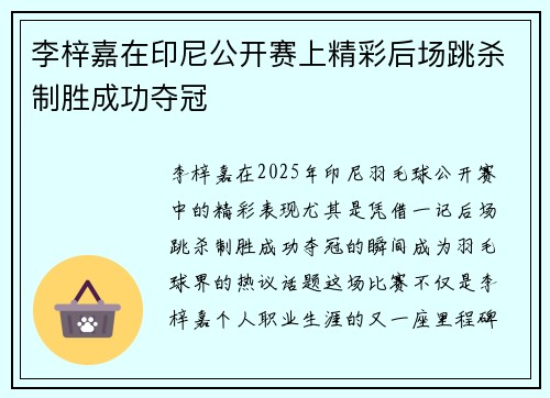 李梓嘉在印尼公开赛上精彩后场跳杀制胜成功夺冠