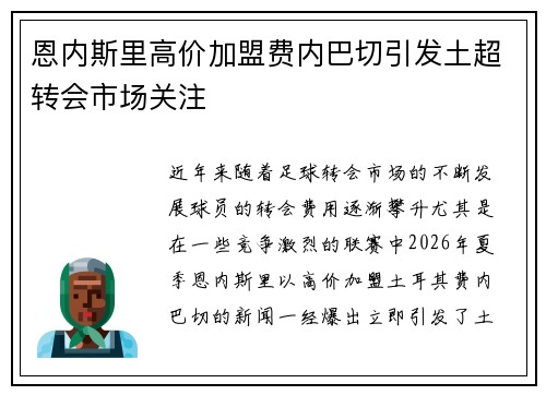 恩内斯里高价加盟费内巴切引发土超转会市场关注