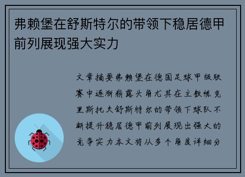 弗赖堡在舒斯特尔的带领下稳居德甲前列展现强大实力 弗赖堡在舒斯特尔的带领下稳居德甲前列展现强大实力